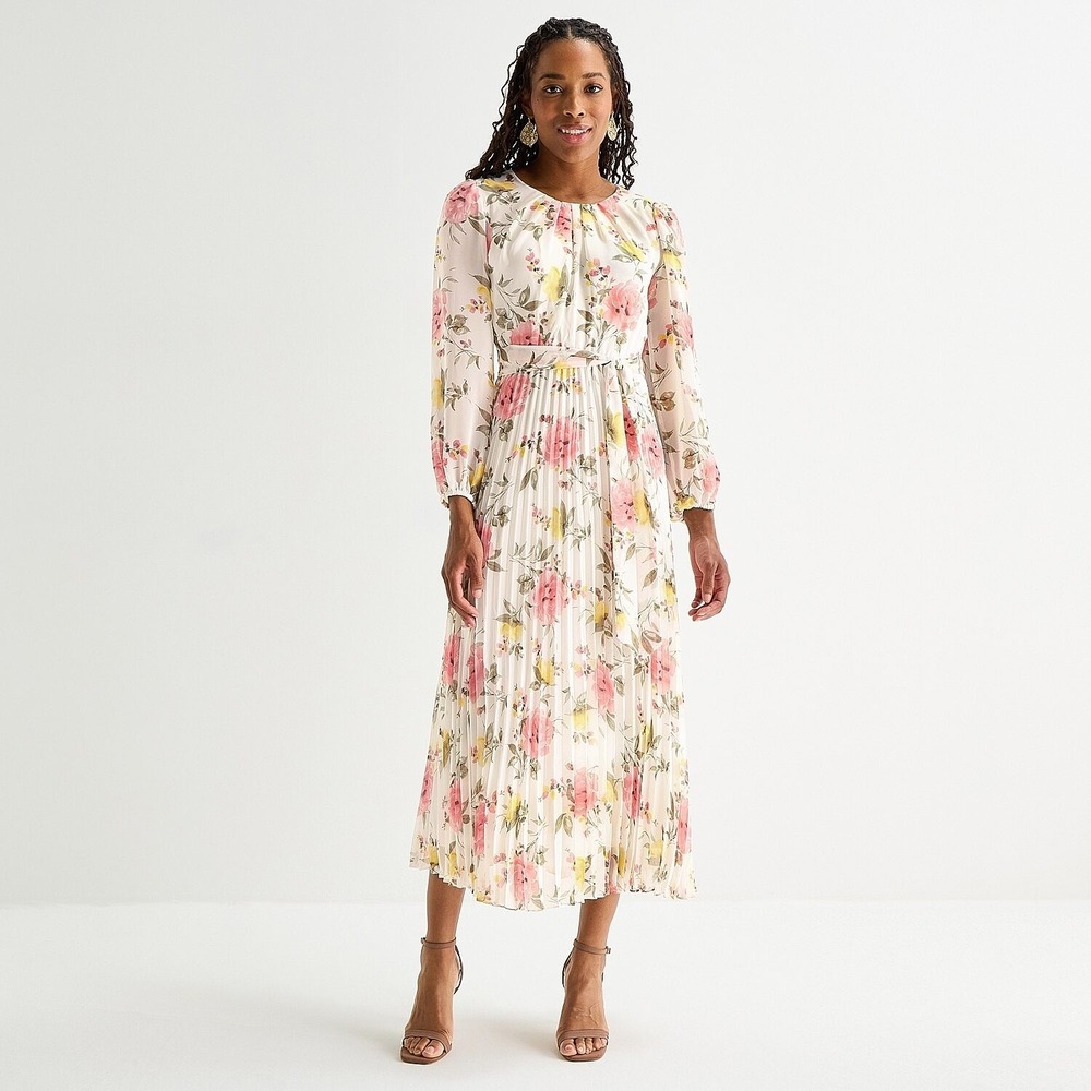 NWT Studio One Womens 8 White Floral Maxi Dress Round Neck Long Smocked Sleeve